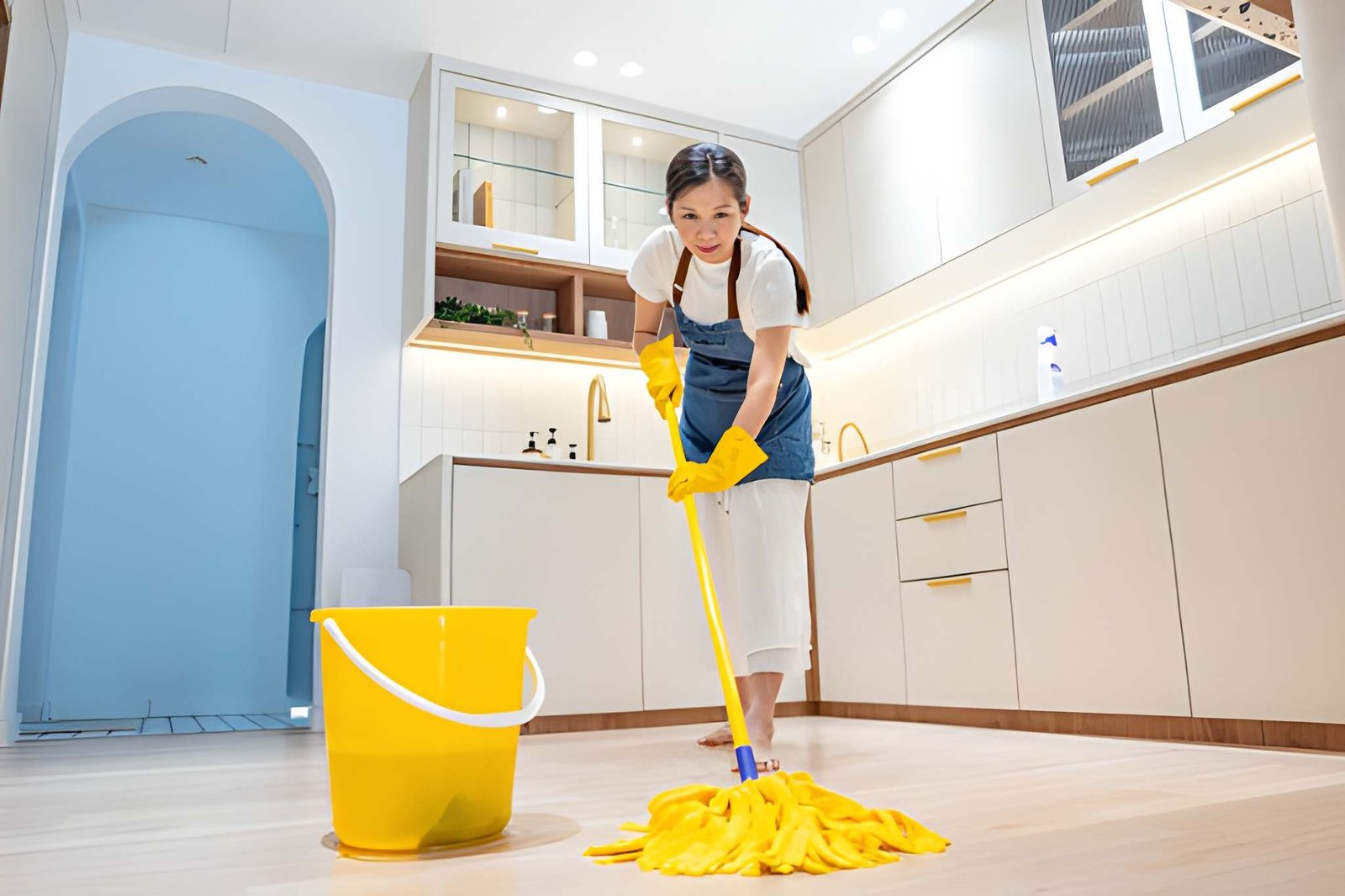 a cleaner mopping the floor
