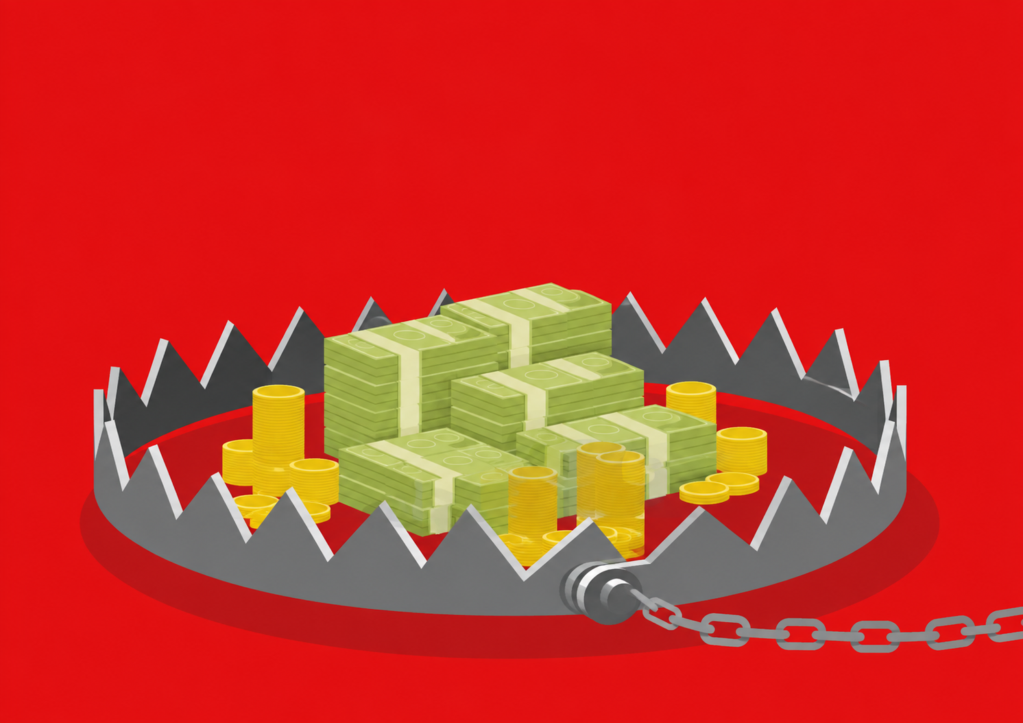 a pile of money in a metal bear trap