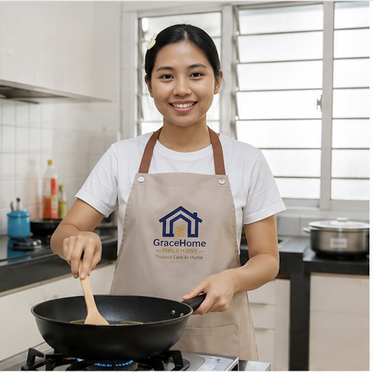 a maid cooking at the kitchen