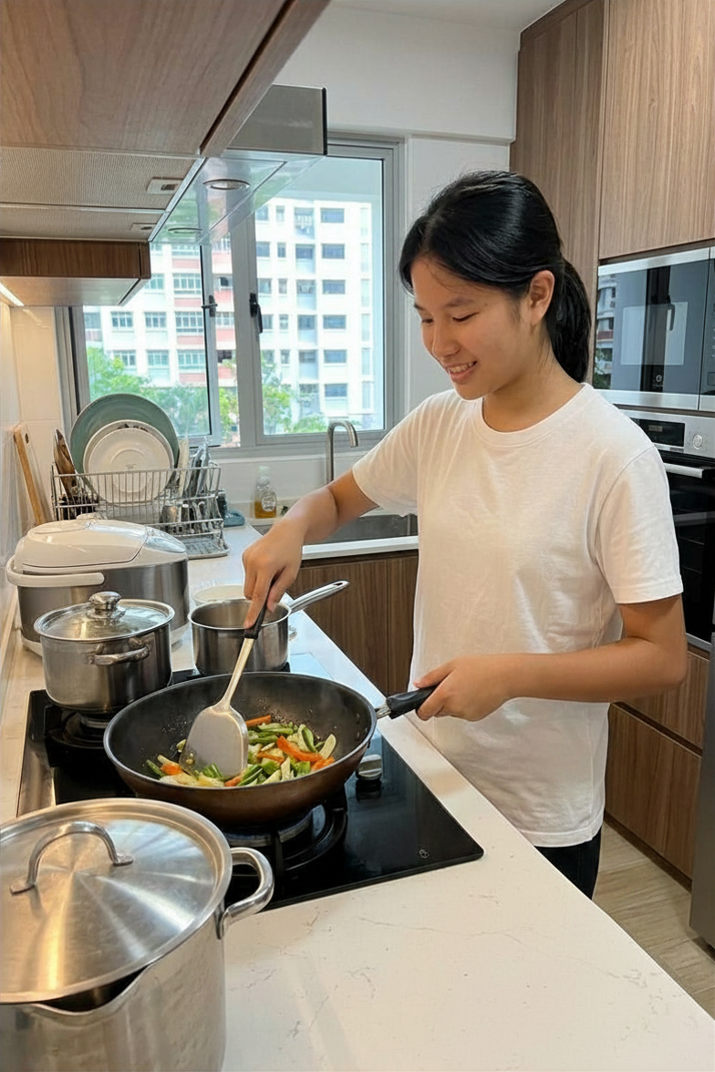 a woman cooking vegetables in the kitchen