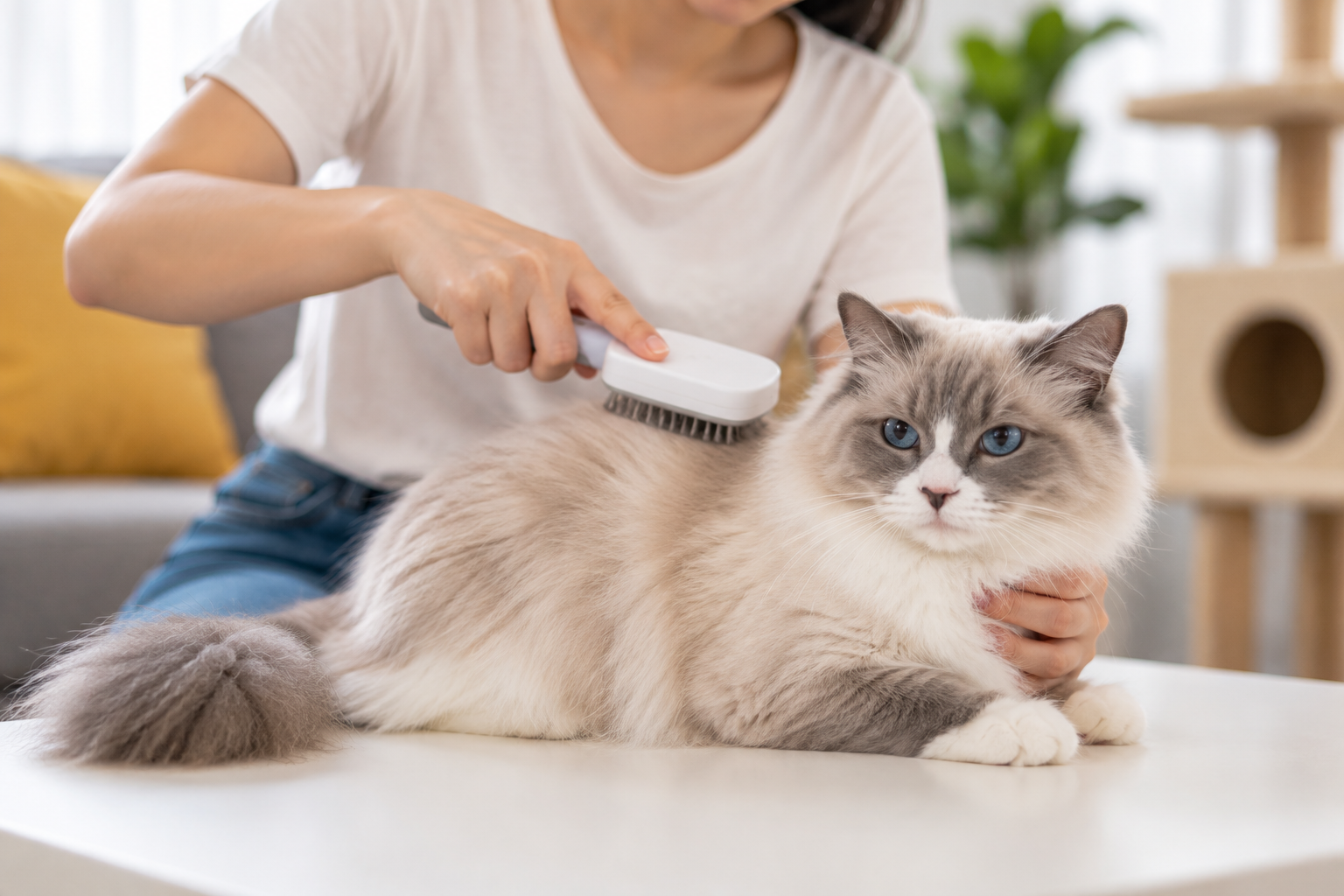 person is grooming the cat